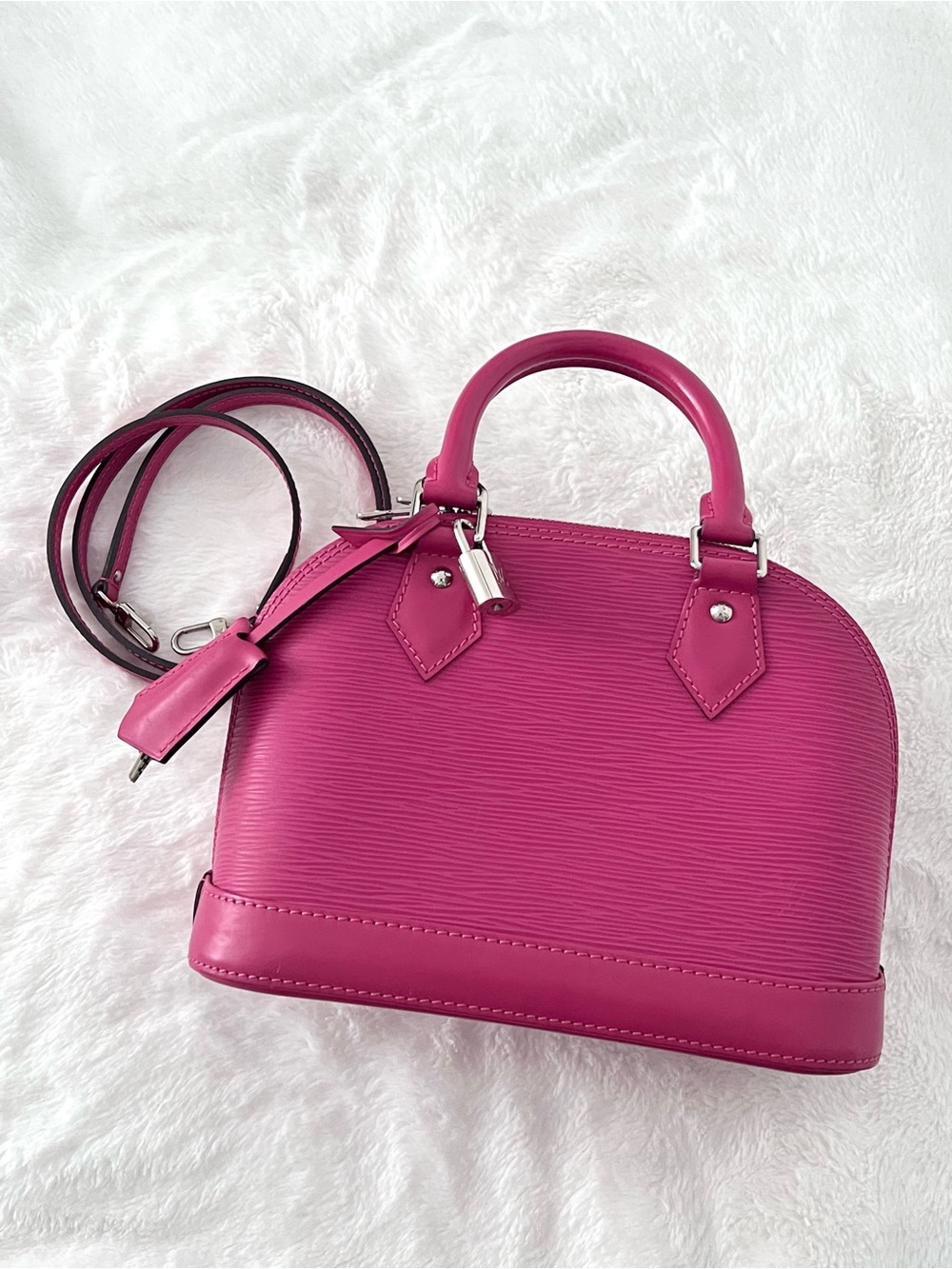Louis Vuitton Epi Alma BB Pink Top Handle Bag with original strap, lock, & keys